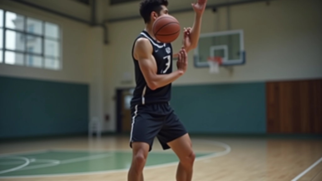 لاعب كرة سلة يقف بوضعية الرمية الصحيحة مع انحناء الركبتين والذراع في الارتفاع المثالي