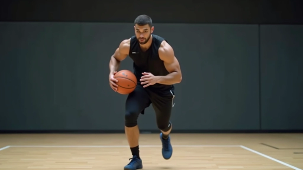لاعب يؤدي حركة كروس أوفر متقنة مع كرة السلة في ملعب احترافي بضوء طبيعي
