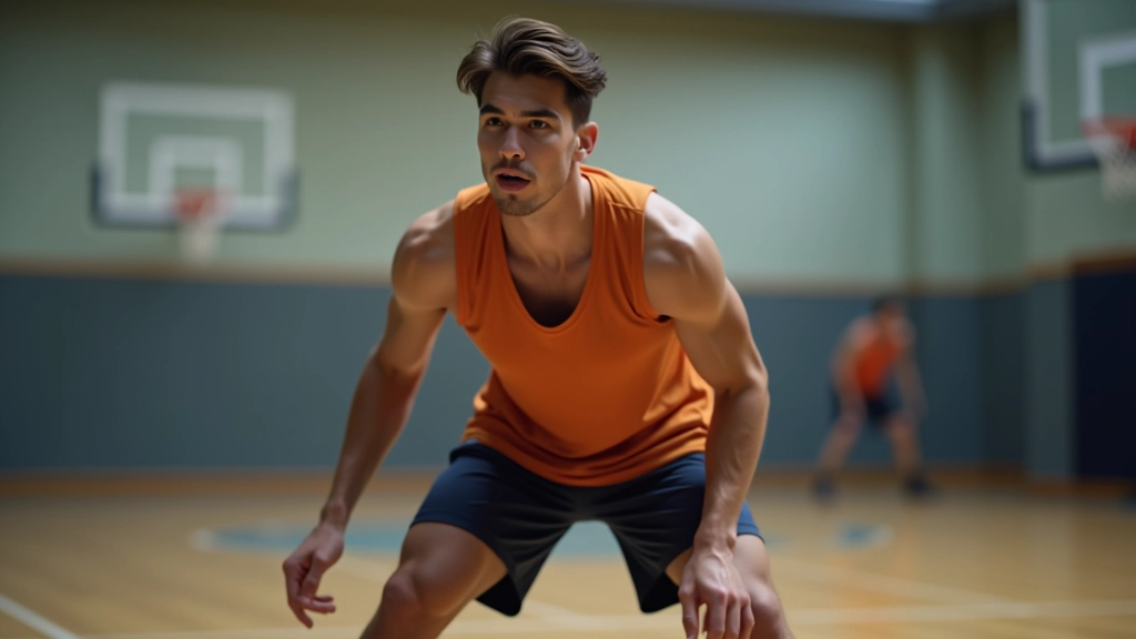 لاعب يدافع بوضعية صحيحة مع توتر العضلات والتركيز على الخصم